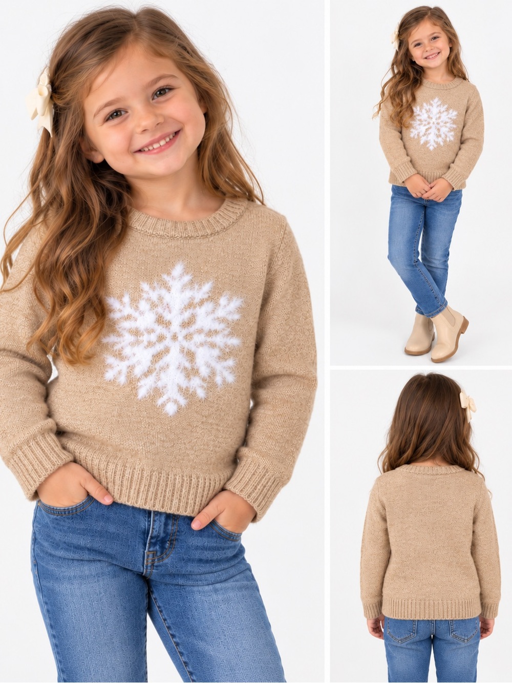 Holiday Lane Girls Size 5 Tan Snowflake Christmas Sweater Winter Cozy Knit NWT